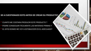 SE A CUESTIONADO ESTO ANTES DE CREAR SU PRODUCTO?
• CUANTO ME COSTARA PRODUCIR ESTE PRODUCTO ?
• PODRE CONSEGUIR FÁCILMENTE LAS MATERIAS PRIMAS ?
• EL SITIO DONDE ME VOY A ESTABLECER ES EL ADECUADO?
 