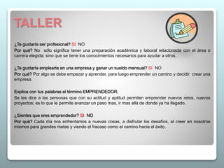 TALLER
¿Te gustaría ser profesional? SI NO
Por qué? No sólo significa tener una preparación académica y laboral relacionada con el área o
carrera elegida; sino que se tiene los conocimientos necesarios para ayudar a otros.
¿Te gustaría emplearte en una empresa y ganar un sueldo mensual? SI NO
Por qué? Por algo se debe empezar y aprender, para luego emprender un camino y decidir crear una
empresa.
Explica con tus palabras el término EMPRENDEDOR.
Se les dice a las personas que con su actitud y aptitud permiten emprender nuevos retos, nuevos
proyectos; es lo que le permite avanzar un paso mas, ir mas allá de donde ya ha llegado.
¿Sientes que eres emprendedor? SI NO
Por qué? Cada día nos enfrentamos a nuevas cosas, a disfrutar los desafíos, al creer en nosotros
mismos para grandes metas y viendo el fracaso como el camino hacia el éxito.
 