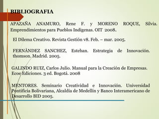 BIBLIOGRAFIA 
APAZAÑA ANAMURO, Rene F. y MORENO ROQUE, Silvia. 
Emprendimientos para Pueblos Indigenas. OIT 2008. 
El Dilema Creativo. Revista Gestión v8. Feb. – mar. 2005. 
FERNÀNDEZ SANCHEZ, Esteban. Estrategia de Innovación. 
thomson. Madrid. 2005. 
GALINDO RUIZ, Carlos Julio. Manual para la Creación de Empresas. 
Ecoe Ediciones. 3 ed. Bogotá. 2008 
MENTORES. Seminario Creatividad e Innovación. Universidad 
Pontificia Bolivariana, Alcaldía de Medellín y Banco Interamericano de 
Desarrollo BID 2005. 
 