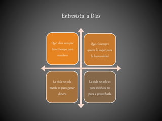 Entrevista a Dios
Que dios siempre
tiene tiempo para
nosotros
Que el siempre
quiere lo mejor para
la humanidad
La vida no sola
mente es para ganar
dinero
La vida no solo es
para vivirla si no
para a provecharla
 