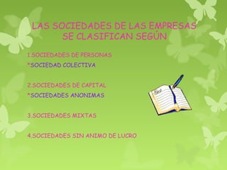 LAS SOCIEDADES DE LAS EMPRESAS
SE CLASIFICAN SEGÚN
1.SOCIEDADES DE PERSONAS
*SOCIEDAD COLECTIVA
2.SOCIEDADES DE CAPITAL
*SOCIEDADES ANONIMAS
3.SOCIEDADES MIXTAS
4.SOCIEDADES SIN ANIMO DE LUCRO
 