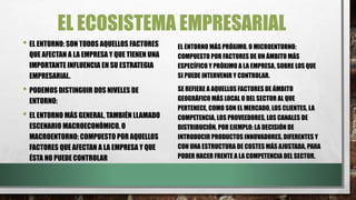 EL ECOSISTEMA EMPRESARIAL
• EL ENTORNO: SON TODOS AQUELLOS FACTORES
QUE AFECTAN A LA EMPRESA Y QUE TIENEN UNA
IMPORTANTE INFLUENCIA EN SU ESTRATEGIA
EMPRESARIAL.
• PODEMOS DISTINGUIR DOS NIVELES DE
ENTORNO:
• EL ENTORNO MÁS GENERAL, TAMBIÉN LLAMADO
ESCENARIO MACROECONÓMICO, O
MACROENTORNO: COMPUESTO POR AQUELLOS
FACTORES QUE AFECTAN A LA EMPRESA Y QUE
ÉSTA NO PUEDE CONTROLAR
EL ENTORNO MÁS PRÓXIMO, O MICROENTORNO:
COMPUESTO POR FACTORES DE UN ÁMBITO MÁS
ESPECÍFICO Y PRÓXIMO A LA EMPRESA, SOBRE LOS QUE
SI PUEDE INTERVENIR Y CONTROLAR.
SE REFIERE A AQUELLOS FACTORES DE ÁMBITO
GEOGRÁFICO MÁS LOCAL O DEL SECTOR AL QUE
PERTENECE, COMO SON EL MERCADO, LOS CLIENTES, LA
COMPETENCIA, LOS PROVEEDORES, LOS CANALES DE
DISTRIBUCIÓN. POR EJEMPLO: LA DECISIÓN DE
INTRODUCIR PRODUCTOS INNOVADORES, DIFERENTES Y
CON UNA ESTRUCTURA DE COSTES MÁS AJUSTADA, PARA
PODER HACER FRENTE A LA COMPETENCIA DEL SECTOR.
 