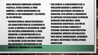 UNAS EMPRESAS COMIENZAN A REDUCIR
PLANTILLA, OTRAS CIERRAN, EL PARO
AUMENTA, Y SIGUEN REDUCIÉNDOSE LAS
COMPRAS DE LOS CIUDADANOS Y LAS VENTAS
DE LAS EMPRESAS.
• SOCIOCULTURALES: HACEN REFERENCIA A
LAS CARACTERÍSTICAS DE LA SOCIEDAD EN
LA QUE LA EMPRESA SE DESENVUELVE, COMO
LOS FACTORES DEMOGRÁFICOS, EL NIVEL
EDUCATIVO, LA INCORPORACIÓN DE LA
MUJER AL TRABAJO, EL ENVEJECIMIENTO DE
LA POBLACIÓN. ESTOS FACTORES TIENEN
UNA IMPORTANTE REPERCUSIÓN EN LOS
HÁBITOS DE CONSUMO DE LA SOCIEDAD.
• POR EJEMPLO: EL ENVEJECIMIENTO DE LA
POBLACIÓN REQUIERE EL AUMENTO DE
SERVICIOS QUE AYUDEN A MEJORAR SU
BIENESTAR. ESTO SUPONE EL INCREMENTO
DE EMPRESAS ESPECIALIZADAS EN OFRECER
SERVICIOS PARA MAYORES, COMO:
RESIDENCIAS GERIÁTRICAS, GESTIÓN DE
PERSONAL DE AYUDA A DOMICILIO Y
PERSONAL SANITARIO (FISIOTERAPEUTAS
ENFERMEROS, MÉDICOS ESPECIALISTAS),
OCIO (VIAJES, MANUALIDADES, ACADEMIAS
DE BAILE), ORTOPEDIAS TÉCNICA-AYUDAS
DOMÉSTICAS.
 