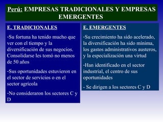 Perú: EMPRESAS TRADICIONALES Y EMPRESAS
EMERGENTES
E. TRADICIONALES
-Su fortuna ha tenido mucho que
ver con el tiempo y la
diversificación de sus negocios.
Consolidarse les tomó no menos
de 50 años
-Sus oportunidades estuvieron en
el sector de servicios o en el
sector agrícola
-No consideraron los sectores C y
D
E. EMERGENTES
-Su crecimiento ha sido acelerado,
la diversificación ha sido mínima,
los gastos administrativos austeros,
y la especialización una virtud
-Han identificado en el sector
industrial, el centro de sus
oportunidades
- Se dirigen a los sectores C y D
 