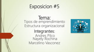 Exposicion #5
Tema:
Tipos de emprendimiento
Estructura organizacional
Integrantes:
Andres Pilco
Nayely Rochina
Marcelino Vasconez
 