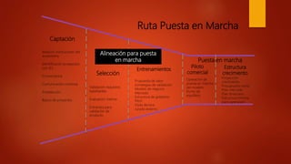 Ruta Puesta en Marcha
Propuesta de valor
Estrategias de validación
Modelo de negocio
Mercado
Estructura de gobierno
Pitch
Visita técnica
Jurado externo
Operación de
puesta en marcha
del modelo
Punto de
equilibrio
Relación instituciones del
ecosistema
Identificación prospectos
con IES
Convocatoria
Comunicación continua
Preselección
Banco de proyectos
Captación
Entrenamientos
Validación requisitos
habilitantes
Evaluación interna
Entrevista para
validación de
producto
Selección
Puesta en marcha
Alineación para puesta
en marcha
Proyección
crecimiento
Presupuesto venta
Plan mercado
Plan financiero
Estructura mínima
para operación
Piloto
comercial
Estructura
crecimiento
 