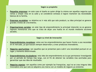 Según su propósito
• Pequeñas empresas: en este caso el dueño es quien dirige la misma son aquellos negocios que
vemos a simple vista en la calle y se consideran exitosos si logran mantener las necesidades
básicas de la familia.
• Empresas escalables: su objetivo es ir más allá que solo producir, su idea principal es generar
grandes niveles de crecimiento.
• Organizaciones sociales: en este tipo de emprendimiento la principal intención no es generar
ingresos monetarios sino que se trata de dejar una huella en el mundo mediante acciones
sociales.
Según su nivel de innovación
• Emprendimientos novedosos: estos son los emprendimientos que hacen frente a una necesidad
en el mercado, ya que buscan siempre desarrollar y crear productos innovadores.
• Negocios oportunistas: son aquellos que se presentan para cubrir una necesidad puntual en un
lugar y momento determinado.
• Emprendimientos incubadores: esta idea de emprendimiento es la que permanece investigando
por un periodo de tiempo mas largo, con el fin de obtener las variables mas acertadas para
garantizar que esa idea de resultados.
• Negocios espejos: son aquellos como por ejemplo las franquicias, aquí no se crea ninguna idea
innovadora sino que solo se adquiera una marca con un modelo de negocio ya existente.
 