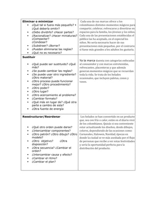 Eliminar o minimizar
 ¿Qué tal si fuera más pequeño? 
¿Qué debería omitir?
 ¿Debo dividirlo? ¿Hacer partes?
 ¿Racionalizar? ¿Hacer miniaturas?
¿Compactar?
¿Condesar?
 ¿Substraer? ¿Borrar?
 ¿Pueden eliminarse las reglas?
 ¿Qué no es necesario?
Cada una de sus marcas ofrece a los
colombianos distintos momentos mágicos para
compartir, celebrar, refrescarse y divertirse en
espacios para la familia, los jóvenes y los niños.
Cada una de las presentaciones establecidas el
público las ha aceptado, en el especial los
niños. No sería necesario hacer de sus
presentaciones más pequeñas, por el contrario
si fuese más grandes a los adultos les gustaría.
Sustituir
 ¿Qué puede ser sustituido? ¿Qué
más?
 ¿Se puede cambiar las reglas?
 ¿Se puede usar otro ingrediente?
¿Otro material?
 ¿Otro proceso puede funcionar
mejor? ¿Otro procedimiento?
 ¿Otro poder?
 ¿Otro lugar?
 ¿Otro acercamiento al problema?
 ¿Cambiar formato?
 ¿Qué más en lugar de? ¿Qué otra
parte a cambio de esta?
 ¿Otra fuente de energía
Ya la marca cuenta con categorías enfocadas
al consumidor y con marcas entretenidas,
refrescantes, placenteras y que además
generan momentos mágicos que se recuerdan
toda la vida. Se trata de los helados
ocasionales, que incluyen paletas, conos y
vasos.
Reestructurar/Reordenar
 ¿Qué otro orden puede darse?
 ¿Intercambiar componentes?
 ¿Otro patrón? ¿Otro dibujo? ¿Otro
modelo?
 ¿Otro objetivo? ¿Otra
disposición?
 ¿Otra secuencia? ¿Cambiar el
orden?
 ¿Intercambiar causa y efecto?
 ¿Cambiar el ritmo?
 ¿Cambiar el plan?
Los helados se han convertido en un producto
que, sea con frío o calor, están en el diario vivir
de los colombianos. Quizás si sea conveniente
estar actualizando los diseños, desde dibujos,
colores, dependiendo de las ocasiones como:
Carnavales, Halowen, Navidad, épocas en
donde la ciudad se ve más asediada por el flujo
de personas que recibe a ver estas festividades
y sería la oportunidad perfecta para la
distribución del producto.
 
