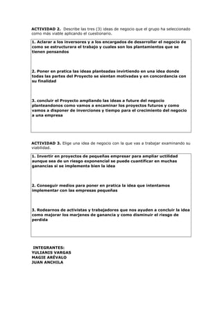 ACTIVIDAD 2. Describe las tres (3) ideas de negocio que el grupo ha seleccionado
como más viable aplicando el cuestionario.
1. Aclarar a los inversores y a los encargados de desarrollar el negocio de
como se estructurara el trabajo y cuales son los plantamientos que se
tienen pensandos
2. Poner en pratica las ideas planteadas invirtiendo en una idea donde
todas las partes del Proyecto se sientan motivadas y en concordancia con
su finalidad
3. concluir el Proyecto ampliando las ideas a future del negocio
planteandonos como vamos a encaminar los proyectos futuros y como
vamos a disponer de inverciones y tiempo para el crecimiento del negocio
a una empresa
ACTIVIDAD 3. Elige una idea de negocio con la que vas a trabajar examinando su
viabilidad.
1. Invertir en proyectos de pequeñas empresar para ampliar uctilidad
aunque sea de un riesgo exponencial se puede cuantificar en muchas
ganancias si se implementa bien la idea
2. Conseguir medios para poner en pratica la idea que intentamos
implementar con las empresas pequeñas
3. Rodearnos de activistas y trabajadores que nos ayuden a concluir la idea
como majorar los marjenes de ganancia y como disminuir el riesgo de
perdida
INTEGRANTES:
YULIANIS VARGAS
MAGIE ARÉVALO
JUAN ANCHILA
 