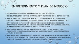 EMPRENDIMIENTO Y PLAN DE NEGOCIO
• RESUMEN EJECUTIVO: PRESENTACIÓN GENERAL DEL PLAN DE NEGOCIO.
• IDEA DEL PRODUCTO O SERVICIO: IDENTIFICACIÓN Y DESCRIPCIÓN DE LA IDEA DE NEGOCIO.
• PLAN DE MARKETING: ANÁLISIS DEL MERCADO Y DE LA COMPETENCIA, DEFINICIÓN DE
CLIENTES, ESTRATEGIAS MERKETING (PRECIO, PROMOCIÓN, DISTRIBUCIÓN, SERVICIO, ETC.).
• PLAN TÉCNICO O DE PRODUCCIÓN: DESCRIPCIÓN DEL BIEN O SERVICIO, PROCESO DE
PRODUCCIÓN O PRESTACIÓN DEL SERVICIO, DISEÑO DE PLANTA, ACTIVOS NECESARIOS PARA
EL FUNCIONAMIENTO DEL NEGOCIO Y MANERA DE OBTENERLOS.
• PLAN ADMINISTRATIVO Y ESTRUCTURA ORGANIZACIONAL: TIPO DE NEGOCIO, PLAN
ESTRATÉGICO, ESTRUCTURA ADMINISTRATIVA, ASPECTOS LEGALES Y JURÍDICOS EN LOS QUE
ACTUARÁ EL NEGOCIO.
• PLAN FINANCIERO: REQUERIMIENTOS DE CAPITAL, FUENTES DE FINANCIACIÓN, PRESUPUESTO
DE VENTAS, FLUJOS DE EFECTIVO, PUNTO DE EQUILIBRIO, RENTABILIDAD SOBRA LA INVERSIÓN,
ESTADO DE PÉRDIDAS Y GANANCIAS PROYECTADO A 5 AÑOS, BALANCE GENERAL
 