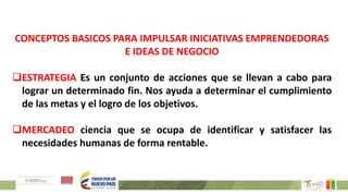 CONCEPTOS BASICOS PARA IMPULSAR INICIATIVAS EMPRENDEDORAS
E IDEAS DE NEGOCIO
ESTRATEGIA Es un conjunto de acciones que se llevan a cabo para
lograr un determinado fin. Nos ayuda a determinar el cumplimiento
de las metas y el logro de los objetivos.
MERCADEO ciencia que se ocupa de identificar y satisfacer las
necesidades humanas de forma rentable.
 