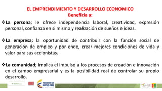 La persona; le ofrece independencia laboral, creatividad, expresión
personal, confianza en si mismo y realización de sueños e ideas.
La empresa; la oportunidad de contribuir con la función social de
generación de empleo y por ende, crear mejores condiciones de vida y
valor para sus accionistas.
La comunidad; Implica el impulso a los procesos de creación e innovación
en el campo empresarial y es la posibilidad real de controlar su propio
desarrollo.
EL EMPRENDIMIENTO Y DESARROLLO ECONOMICO
Beneficia a:
 
