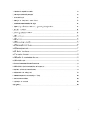 4
5.2 Aspectos organizacionales...................................................................................................24
5.2.1 Organigrama de personal .................................................................................................24
5.3 Estudio legal.......................................................................................................................25
5.3.1 Tipo de compañía y razón social........................................................................................25
5.3.2 Proceso de constitución legal............................................................................................25
5.3.3 Presupuesto de constitución y gastos legales operativos....................................................25
6. Estudio financiero.................................................................................................................25
6.1. Presupuesto consolidado ...................................................................................................25
6.1.1 Inversiones......................................................................................................................26
6.1.2 Ingresos...........................................................................................................................26
6.1.3 Costos de producción.......................................................................................................26
6.1.4 Gastos administrativos.....................................................................................................27
6.1.5 Gastos de ventas..............................................................................................................27
6.1.6. Gastos financieros...........................................................................................................27
6.2 Planeación financiera..........................................................................................................28
6.2.1 Estados de resultados proforma........................................................................................28
6.2.2 Flujo de caja ....................................................................................................................28
6.3 Indicadores de viabilidad financiera.....................................................................................28
6.3.1 Flujo de caja de rentabilidad del proyecto .........................................................................28
6.3.2 Taza interna de retorno (TIR)............................................................................................29
6.3.3 Valor actual neto (VAN)....................................................................................................29
6.3.4 Periodo de recuperación (PAY BAG) ..................................................................................30
6.4 Punto de equilibrio .............................................................................................................30
6.5 Margen de utilidad..............................................................................................................30
Bibliografía:..............................................................................................................................30
 