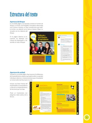 9
Estructura del texto
Conceptos financieros
El Ecuador es un país lleno de emprendedores; así lo confirman las
cifras del Instituto Nacional de Estadística y Censos (INEC), con-
juntamente con la Secretaría Nacional de Planificación y Desarro-
llo (Senplades). Estas instituciones afirman que el porcentaje de
emprendimiento ha crecido con relación a años anteriores.
Conoce la historia de emprendimiento que se inició con esta carta:
Mi querido Luis:
Si tú hubieras visto “La Estancia” esta vez te habría encantado.
La carretera ha sido compuesta y no es nada mala.
Mami siempre me ha dicho que ella cree que a ti te gusta la
vida del campo: agricultura, animales, etc. Pues si es así, creo
que tú y yo podríamos hacer una lindura de La Estancia.
Por ejemplo:
1. Tener muchas gallinas. Empacar los huevos en cajitas de
cartón de una docena c/u.
2. Congelar los pollitos machos.
3. Tener bastantes abejas. Ellas sirven para hacer fructificar las
flores, etc., y además, podríamos embotellar la miel pura y
filtrada para la venta.
4. Tendríamos un pequeño local en Quito, en donde vende-
ríamos estos huevos, frutas, flores, etc.
5. Podríamos experimentar en frutas y legumbres, etc. Iríamos el
lunes de cada semana a “La Estancia” y volveríamos a Quito el
sábado por la mañana, para pasar el weekend (fin de semana)
en Quito.
Además de una buena casa en Quito, en un terreno que compré
al lado del Estadio Internacional en el Batán, también haríamos
un buen bungalow (casa de campo muy simple, por lo gene-
ral, orientada al turismo) en la hacienda. Compraríamos por
ejemplo una casa prefabricada en los Estados Unidos y bajo
ladireccióntuyaymía,laharíamoslevantaren“LaEstancia”.
Sería pequeña, pero con todas las comodidades.
Al fin veríamos, si una vez terminado tu colegio, todavía
tendrías la idea de trabajar en el campo, y te decides a
entrar en una universidad de Agronomía en los Estados
Unidos.
Te abraza, tu papá.
Carta escrita el 18 de mayo de 1954 por el padre de Luis Bakker Jr.,
fundador de Pronaca. (Montero, 2011, p.p. 95, 96)
18
Unidad
1
 Uno de los pilares del emprendimiento
debe tener como objetivo la mejora en la for-
mación integral de los jóvenes en el Ecuador.
19
Breve historia de Pronaca
A pesar de los tropiezos que se presentaron inicialmente en el ca-
mino, la clara visión cimentada por el Sr. Bakker hace más de seis
décadas impulsó a su hijo y a futuros socios a superar grandes de-
safíos. Inicialmente, padre e hijo constituyeron INCA (Incubadora
Nacional C.A.) en donde, gracias a la tecnificación del proceso, na-
cen los primeros pollitos nacionales incubados y se pone fin a la
importación de estos. Lastimosamente, en 1976 la “tifoidea aviar”
obliga a la familia a cerrar la planta.
En busca de enfrentar esta crisis, en 1979 nace, con la ayuda de un
socio, Pronaca (Procesadora Nacional de Aves). Desde entonces y
con la participación de cuatro fundadores más, la empresa no ha
dejado de crecer, llegando a ubicarse en los primeros puestos entre
las más grandes del Ecuador.
Trascendencia de su emprendimiento
Pronaca mejora continuamente sus procesos
y cuenta con sistemas de control de calidad
enmarcados en certificaciones internacionales.
Exporta palmito y alcachofa hacia los mercados
más exigentes del mundo y ha sido reconoci-
da como ‘Empresa ejemplar de América Latina’,
por su compromiso y vocación social a favor
del Ecuador, su gente y sus comunidades.
Dirige la Fundación San Luis, cuyos proyectos
tienen como objetivo brindar una formación
integral a niños, niñas y jóvenes de escasos recursos, en los sectores
rurales del Ecuador.
Lecciones que nos deja
Esta empresa es un claro ejemplo de perseverancia, pero también nos
muestraloimportantequeeslaplanificaciónenunemprendimiento.
Tener nuestras metas claras es necesario para encontrar las rutas y las
soluciones que nos permitan cumplir con los objetivos planteados.
PRONACA
Cuestionario
1. ¿Cuáles consideras que son las características que hacen de Pronaca una empresa exitosa?
2. Si crearas una empresa, ¿qué metas te plantearías cumplir con ella en los primeros cinco años?
3. Además del ejemplo que hemos visto de la Fundación San Luis en el área educativa, ¿qué otras
actividades de responsabilidad social podría llevar a cabo una empresa en la comunidad aledaña
a su ubicación?
?
Apertura de bloque
Es una doble página, a la izquierda contiene: el número de
bloque y el título; una fotografía motivadora relacionada
con el tema a tratarse; un texto introductorio que expli-
ca la foto y su relación con el tema a tratarse. Abajo: un
recuadro con los objetivos del
bloque.
En la página derecha se en-
cuentran las destrezas con
criterios de desempeño a de-
sarrollar en todo el bloque.
Apertura de unidad
También es una doble página. Aquí tenemos los Referentes
de Emprendimiento, espacio que explica sobre un ejemplo
individual, colectivo o institucional para que el estudiante
se motive sobre este fascinante mundo.
Incluye una breve historia del
emprendedor, la trascendencia
y clave de su emprendimiento,
las lecciones que nos deja.
Posee un Cuestionario, con
preguntas claves acerca de la
lectura.
P
ara un nuevo emprendedor, poner en práctica sus ideas requerirá
en principio de acceder a la información adecuada para delinear
sus objetivos y desarrollar sus habilidades gerenciales.
La planificación y el control financiero son las herramientas que los em-
prendedores utilizan día a día para enfrentar la responsabilidad de tomar
decisiones que beneficien a sus colaboradores, usuarios y consumidores.
Sin lugar a dudas, conocer los conceptos financieros y entenderlos con
claridad proporciona la confianza para resolver problemas, mediante su
aplicación en la evaluación de riesgos y beneficios, encontrados en una
determinada situación.
Objetivos del Bloque 1
• Comprender los conceptos de
ingresos, gastos e inversiones
como elementos fundamentales
para la toma de decisiones.
• Resumir, organizar y registrar la
contabilidad básica de un em-
prendimiento por medio de la
comprensión de las principales
cuentas, libros contables y esta-
dos financieros.
Planificación y
control financiero
del emprendimiento
16
1
BLOQUE
Shutterstock
Unidad 1
Conceptos financieros
• Describir y explicar los conceptos básicos financieros de un
emprendimiento, tales como ingresos, costos, gastos e in-
versión, punto de equilibrio y sus proyecciones futuras, como
elemento fundamental para las proyecciones.
• Distinguir los diferentes tipos de costos y gastos que puede
tener un emprendimiento para determinar detenidamente el
capital de trabajo necesario para un emprendimiento.
Unidad 2
Contabilidad básica
• Identificar la obligatoriedad jurídica de llevar contabilidad
de acuerdo con lo establecido por las normas tributarias, como
elemento fundamental para determinar la forma de llevar la
contabilidad.
• Deducir la importancia de la contabilidad como elemento de
control financiero del emprendimiento.
• Explicar las principales normas contables relacionadas con la
partida doble para establecer los impactos en las cuentas.
• Clasificar las principales cuentas contables con su respectivo
nombre, para personificarlas mediante la determinación de la
naturaleza de su función en los asientos contables, tales como
caja, bancos, cuentas por cobrar, inventarios, activos fijos, cuen-
tas por pagar, préstamos bancarios, capital.
• Identificar los componentes básicos del activo, pasivo, patrimo-
nio, ingresos, costos y gastos, de acuerdo con la normativa para
clasificar adecuadamente las cuentas contables.
• Interpretar las cuentas contables mediante la identificación de
los cambios que causan las transacciones en los activos, pasivos
y patrimonios, reflejados en la cuenta por partida doble.
• Elaborar un balance general básico mediante la aplicación de
los principios, conceptos, técnicas contables y la normatividad
vigente.
• Elaborar un estado de pérdidas y ganancias básico mediante
la aplicación de las cuentas contables y la ecuación contable en
un caso de estudio.
Destrezas con criterios de desempeño
17
 