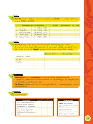 175
Contenidos Siempre A veces Nunca
Como ciudadano, entiendo la
necesidad de crear una cultura
tributaria entre los ecuatorianos.
Valoro la importancia de que
cualquier emprendimiento
implica también responsabilidad
social.
Autoevaluación
7
Calcula el número de horas ordinarias y extraordinarias. Señala con una (x) si tienen un
recargo del 50% o del 100%.
Resuelve los siguientes ejercicios sobre retenciones del IVA e Impuesto a la Renta.
El emprendimiento Maestro S.A. da servicios de plomería al Hotel Las Lámparas S.A. por el
valor de $ 6 465 más IVA. Calcular la retención en la fuente, el IVA y el valor a recibir
4
5
Investiguen en equipo y comenten las consecuencias de la siguiente afirmación:
“El empleado y el empleador se ponen de acuerdo con un contrato para que el empleador re-
nuncie a todas sus beneficios en el IESS”.
Verifiquen que todos participen en el proceso de indagación, a través de opiniones y comen-
tarios pertinentes.
Coevaluación
6
Cumplir 8 horas, más una de almuerzo Ordinaria Extraordinaria 50% 100%
1 José Ramos De 08h00 a 21h00
2 Esteban Soto De 09h30 a 21h00
3 Fernando Coronel De 08h00 a 22h00
4 Cristina Castro De 09h00 a 02h00
5 Augusta Castillo De 11h00 a 03h00
Retención IVA % Retención IR %
Subtotal de la compra
IVA 12%
Total fac.
Metacognición
Trabaja en tu cuaderno:
• ¿Qué aprendiste en esta unidad?
•¿Cómo lo aprendiste?
•¿En qué lo puedes aplicar?
 