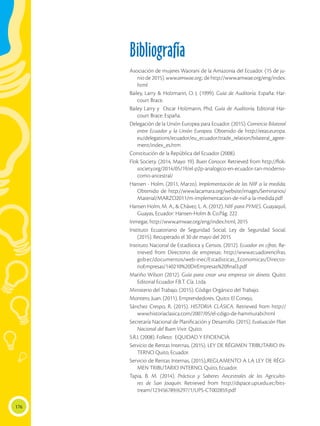 176
Bibliografía
Asociación de mujeres Waorani de la Amazonia del Ecuador. (15 de ju-
nio de 2015). www.amwae.org.; de http://www.amwae.org/eng/index.
html
Bailey, Larry & Holzmann, O. J. (1999). Guía de Auditoría. España: Har-
court Brace.
Bailey Larry y Oscar Holzmann, Phd. Guía de Auditoría, Editorial Har-
court Brace. España.
Delegación de la Unión Europea para Ecuador. (2015). Comercio Bilateral
entre Ecuador y la Unión Europea. Obtenido de http://eeas.europa.
eu/delegations/ecuador/eu_ecuador/trade_relation/bilateral_agree-
ment/index_es.htm
Constitución de la República del Ecuador (2008).
Flok Society. (2014, Mayo 19). Buen Conocer. Retrieved from http://flok-
society.org/2014/05/19/el-p2p-analogico-en-ecuador-tan-moderno-
como-ancestral/
Hansen - Holm. (2011, Marzo). Implementación de las NIIF a la medida.
Obtenido de http://www.lacamara.org/website/images/Seminarios/
Material/MARZO2011/m-implementacion-de-niif-a-la-medida.pdf
Hansen Holm, M. A., & Chávez, L. A. (2012). NIIF para PYMES. Guayaquil,
Guayas, Ecuador: Hansen-Holm & Co.Pág. 222
Inmegar, http://www.amwae.org/eng/index.html, 2015
Instituto Ecuatoriano de Seguridad Social, Ley de Seguridad Social.
(2015). Recuperado el 30 de mayo del 2015
Instituto Nacional de Estadística y Censos. (2012). Ecuador en cifras. Re-
trieved from Directorio de empresas: http://www.ecuadorencifras.
gob.ec/documentos/web-inec/Estadisticas_Economicas/Directo-
rioEmpresas/140210%20DirEmpresas%20final3.pdf
Mariño Wilson (2012). Guía para crear una empresa sin dinero. Quito:
Editorial Ecuador F.B.T. Cía. Ltda.
Ministerio del Trabajo. (2015). Código Orgánico del Trabajo.
Montero, Juan. (2011). Emprendedores. Quito: El Conejo,
Sánchez Crespo, R. (2015). HISTORIA CLÁSICA. Retrieved from http://
www.historiaclasica.com/2007/05/el-cdigo-de-hammurabi.html
Secretaría Nacional de Planificación y Desarrollo. (2015). Evaluación Plan
Nacional del Buen Vivir. Quito.
S.R.I. (2008). Folleto: EQUIDAD Y EFICIENCIA.
Servicio de Rentas Internas, (2015). LEY DE RÉGIMEN TRIBUTARIO IN-
TERNO Quito, Ecuador.
Servicio de Rentas Internas, (2015),.REGLAMENTO A LA LEY DE RÉGI-
MEN TRIBUTARIO INTERNO, Quito, Ecuador.
Tapia, B. M. (2014). Práctica y Saberes Ancestrales de los Agriculto-
res de San Joaquín. Retrieved from http://dspace.ups.edu.ec/bits-
tream/123456789/6297/1/UPS-CT002859.pdf
 