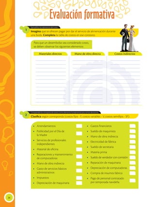 Imagina que te ofrecen pagar por dar el servicio de alimentación durante
una boda. Completa la tabla de costos en ese contexto.
Clasifica según corresponda (costos fijos - F, costos variables - V, costos semifijos - SF):
Ejemplifica los elementos del costo.
Comprende los conceptos de costos como elemento fundamental para tomar decisiones.
1
2
__________________________
__________________________
__________________________
__________________________
__________________________
__________________________
__________________________
__________________________
__________________________
__________________________
__________________________
__________________________
__________________________
__________________________
__________________________
__________________________
__________________________
__________________________
__________________________
__________________________
__________________________
__________________________
__________________________
__________________________
__________________________
__________________________
__________________________
__________________________
__________________________
__________________________
__________________________
__________________________
__________________________
__________________________
__________________________
__________________________
Materiales directos Mano de obra directa
Para que un desembolso sea considerado costo,
se deben observar los siguientes elementos:
•	Arrendamientos
•	 Publicidad por el Día de
la Madre
•	 Servicios de profesionales
independientes
•	 Material de oficina
•	 Reparaciones y mantenimiento
de computadoras
•	 Mano de obra indirecta
•	 Gasto de servicios básicos
administrativos
•	Impuestos
•	 Depreciación de maquinaria
•	 Gastos financieros
•	 Sueldo de maquinista
•	 Mano de obra indirecta
•	 Electricidad de fábrica
•	 Sueldo de secretaria
•	 Materia prima
•	 Sueldo de vendedor con comisión
•	 Reparación de maquinaria
•	 Depreciación de computadoras
•	 Compra de insumos fabrica
•	 Pago de personal contratado
por temporada navideña
26
Evaluación formativa
Costos indirectos
 