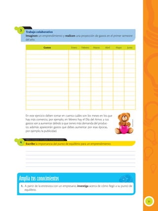 31
Escribe la importancia del punto de equilibrio para un emprendimiento.
En este ejercicio deben tomar en cuenta cuáles son los meses en los que
hay más comercio, por ejemplo, en febrero hay el Día del Amor, y tus
gastos van a aumentar debido a que tienes más demanda del produc-
to; además aparecerán gastos que debes aumentar por esas épocas,
por ejemplo, la publicidad.
Gastos Enero Febrero Marzo Abril Mayo Junio
Valora conceptos vinculados al emprendimiento.
4
Trabajo colaborativo
Imaginen un emprendimiento y realicen una proyección de gastos en el primer semestre
del año.
3
________________________________________________________________________________________________
________________________________________________________________________________________________
________________________________________________________________________________________________
________________________________________________________________________________________________
________________________________________________________________________________________________
Shutterstock
Amplía tus conocimientos
1.	 A partir de la entrevista con un empresario, investiga acerca de cómo llegó a su punto de
equilibrio.
 