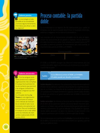 50
Saberes previos
La tecnología es indis-
pensable en la contabilidad.
¿Conoces alguna herramienta
informática para llevar a cabo
los registros?
Proceso contable: la partida
doble
La contabilidad es el registro de las operaciones que realiza la
empresa con lo que se puede determinar el resultado obtenido,
positivo o negativo, en un ejercicio económico.
Las cuentas son el instrumento contable con el que se repre-
sentan las variaciones de los gastos e ingresos. Así se determina
en cada momento su saldo. Este proceso se conoce como la “T”
contable y permite conocer el movimiento de cada cuenta, la
cual tiene dos partes: el DEBE y el HABER.
El DEBE y el HABER recogen los distintos movimientos de una
cuenta contable, según se produzca un incremento o una dismi-
nución de su valor.
Saldo deudor. Se obtiene si la suma de los importes anotados en
el debe de la cuenta es superior a la suma de los importes anota-
dos en su haber. La mayoría de las cuentas contables de activos
(lo que posee el emprendimiento) y gastos, tienen saldo deudor.
Es decir, un activo y un gasto aumenta por el debe y disminuye
por el haber.
Saldo acreedor. Se obtiene si la suma de los importes anotados
en el debe de la cuenta es inferior a la suma de los importes ano-
tados en su haber. Las cuentas de pasivos (lo que se adeuda a un
tercero), patrimonio (lo que se adeuda a los dueños) e ingresos,
tienen saldo acreedor; es decir, los pasivos, el patrimonio y los
ingresos aumentan por el haber y disminuyen por el debe.
Se considera que una cuenta está saldada si la suma de los rubros
en el debe y la suma de los rubros en el haber son iguales, y por lo
tanto, su saldo es cero.
Cuenta contable
Debe Haber
Es la diferencia entre el DEBE y el HABER.
El saldo puede ser deudor o acreedor.
Saldo
Saberes ancestrales
Con las antiguas socie-
dades productivas surgieron
organizaciones más complejas.
El trueque fue la primera for-
ma de comercio que permitió
a las antiguas civilizaciones
empezar a negociar sus mer-
caderías.
En el Ecuador de hoy, La
Trueca es una organización
que promueve el trueque
como método de intercam-
bio en donde el valor no es
monetario, sino personal y/o
emotivo. Para sus fundadoras,
el trueque es tan o más válido
como los métodos de inter-
cambio tradicionales (FLOK
Society, 2014)
 En los negocios es básico registrar diaria-
mente el Debe y el Haber.
Shutterstock
 