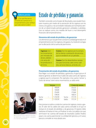 86
Saberes previos
¿Con qué frecuencia
revisarías las cuentas en tu
emprendimiento para verificar
que todo esté en orden?
Estado de pérdidas y ganancias
También conocido como Estado de Resultados, este estado finan-
ciero muestra, por medio de la asociación de los ingresos con los
costos y los gastos, si las actividades realizadas por la empresa den-
tro de un determinado período generaron utilidades o pérdidas.
Esto se traduce como una medida del buen o mal desempeño
financiero del emprendimiento.
Elementos del estado de pérdidas y de ganancias
Los elementos que nos permiten conocer la utilidad generada en el
emprendimiento son los ingresos y los gastos. Su medición se logra
por la afectación de la cuenta de patrimonio.
Este proceso se aplica a todas las cuentas de ingresos, costos y gas-
tos. El valor de los saldos de cada cuenta contable es el que se
incluye en el estado de pérdidas y de ganancias. El reporte debe
realizarse al finalizar el mes y al finalizar un año. Los saldos con que
terminaron las cuentas del estado de resultados (saldos finales)
pasan a la cuenta patrimonial. La utilidad del ejercicio, y el nuevo
ejercicio contable se inicia desde cero.
Presentación del estado de pérdidas y de ganancias
Para llegar a un estado de pérdidas y ganancias, al igual que en el
balance general, se determina el saldo de cada cuenta de ingresos
y egresos que lo componen. Por ejemplo, si las cuenta ‘ventas’ y
‘costo de ventas’ tiene varios movimientos, su saldo sería:
Ingresos: Son
los incrementos
por entradas de
dinero, debido
a la venta de
los productos o
servicios.
Costos: Son los egresos por la compra
de los bienes o prestación de servicios
que se vendieron en un período.
Gastos: Son los desembolsos necesa-
rios para funcionar, tales como: suel-
dos, servicios básicos, arriendo, etc.
Suma
Saldo
Suma
Saldo
Ventas
–
400,00
340,00
254,00
238,50
1 232,50
1 232,50
Costo de ventas
254,35
179,90
175,00
168,54
777,79
777,79
–
Photodisc
 Las auditorías que se realizan en las empre-
sas determinan si estas ganaron o perdieron
en un periodo determinado.
 
