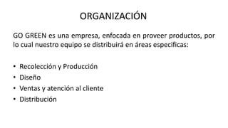ORGANIZACIÓN
GO GREEN es una empresa, enfocada en proveer productos, por
lo cual nuestro equipo se distribuirá en áreas especificas:
• Recolección y Producción
• Diseño
• Ventas y atención al cliente
• Distribución
 