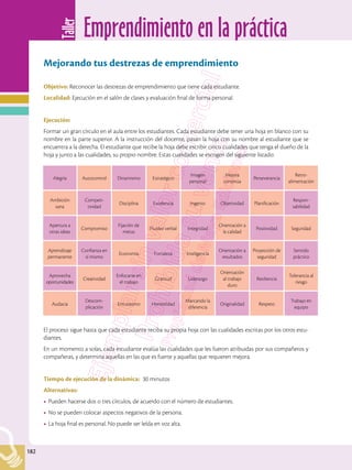 Emprendimiento en la práctica
Taller
182
182
Mejorando tus destrezas de emprendimiento
Objetivo: Reconocer las destrezas de emprendimiento que tiene cada estudiante.
Localidad: Ejecución en el salón de clases y evaluación final de forma personal.
Ejecución:
Formar un gran círculo en el aula entre los estudiantes. Cada estudiante debe tener una hoja en blanco con su
nombre en la parte superior. A la instrucción del docente, pasan la hoja con su nombre al estudiante que se
encuentra a la derecha. El estudiante que recibe la hoja debe escribir cinco cualidades que tenga el dueño de la
hoja y junto a las cualidades, su propio nombre. Estas cualidades se escogen del siguiente listado:
El proceso sigue hasta que cada estudiante reciba su propia hoja con las cualidades escritas por los otros estu-
diantes.
En un momento a solas, cada estudiante evalúa las cualidades que les fueron atribuidas por sus compañeros y
compañeras, y determina aquellas en las que es fuerte y aquellas que requieren mejora.
Tiempo de ejecución de la dinámica: 30 minutos
Alternativas:
•	Pueden hacerse dos o tres círculos, de acuerdo con el número de estudiantes.
•	No se pueden colocar aspectos negativos de la persona.
•	La hoja final es personal. No puede ser leída en voz alta.
Alegría Autocontrol Dinamismo Estratégico
Imagen
personal
Mejora
continúa
Perseverancia
Retro-
alimentación
Ambición
sana
Competi-
tividad
Disciplina Excelencia Ingenio Objetividad Planificación
Respon-
sabilidad
Apertura a
otras ideas
Compromiso
Fijación de
metas
Fluidez verbal Integridad
Orientación a
la calidad
Positividad Seguridad
Aprendizaje
permanente
Confianza en
sí mismo
Economía Fortaleza Inteligencia
Orientación a
resultados
Proyección de
seguridad
Sentido
práctico
Aprovecha
oportunidades
Creatividad
Enfocarse en
el trabajo
Gratitud Liderazgo
Orientación
al trabajo
duro
Resiliencia
Tolerancia al
riesgo
Audacia
Descom-
plicación
Entusiasmo Honestidad
Marcando la
diferencia
Originalidad Respeto
Trabajo en
equipo
 