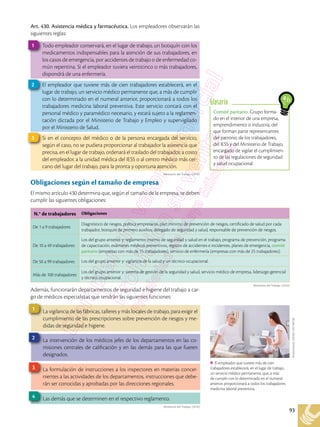 93
Comité paritario. Grupo forma-
do en el interior de una empresa,
emprendimiento o industria, del
que forman parte representantes
del patrono, de los trabajadores,
del IESS y del Ministerio de Trabajo,
encargado de vigilar el cumplimien-
to de las regulaciones de seguridad
y salud ocupacional.
Glosario
Art. 430. Asistencia médica y farmacéutica. Los empleadores observarán las
siguientes reglas:
Obligaciones según el tamaño de empresa
El mismo artículo 430 determina que, según el tamaño de la empresa, se deben
cumplir las siguientes obligaciones:
Además, funcionarán departamentos de seguridad e higiene del trabajo a car-
go de médicos especialistas que tendrán las siguientes funciones:
Todo empleador conservará, en el lugar de trabajo, un botiquín con los
medicamentos indispensables para la atención de sus trabajadores, en
los casos de emergencia, por accidentes de trabajo o de enfermedad co-
mún repentina. Si el empleador tuviera veinticinco o más trabajadores,
dispondrá de una enfermería.
1
El empleador que tuviere más de cien trabajadores establecerá, en el
lugar de trabajo, un servicio médico permanente que, a más de cumplir
con lo determinado en el numeral anterior, proporcionará a todos los
trabajadores medicina laboral preventiva. Este servicio contará con el
personal médico y paramédico necesario, y estará sujeto a la reglamen-
tación dictada por el Ministerio de Trabajo y Empleo y supervigilado
por el Ministerio de Salud.
2
Si en el concepto del médico o de la persona encargada del servicio,
según el caso, no se pudiera proporcionar al trabajador la asistencia que
precisa, en el lugar de trabajo, ordenará el traslado del trabajador, a costo
del empleador, a la unidad médica del IESS o al centro médico más cer-
cano del lugar del trabajo, para la pronta y oportuna atención.
3
El empleador que tuviere más de cien
trabajadores establecerá, en el lugar de trabajo,
un servicio médico permanente, que, a más
de cumplir con lo determinado en el numeral
anterior, proporcionará a todos los trabajadores
medicina laboral preventiva.
Shutterstock,
(2018).
435746728
N.° de trabajadores Obligaciones
De 1 a 9 trabajadores
Diagnóstico de riesgos, política empresarial, plan mínimo de prevención de riesgos, certificado de salud por cada
trabajador, botiquín de primero auxilios, delegado de seguridad y salud, responsable de prevención de riesgos.
De 10 a 49 trabajadores
Los del grupo anterior y: reglamento interno de seguridad y salud en el trabajo, programa de prevención, programa
de capacitación, exámenes médicos preventivos, registro de accidentes e incidentes, planes de emergencia, comité
paritario (empresas con más de 15 trabajadores), servicio de enfermería (empresas con más de 25 trabajadores).
De 50 a 99 trabajadores Los del grupo anterior y: vigilancia de la salud y un técnico ocupacional.
Más de 100 trabajadores
Los del grupo anterior y: sistema de gestión de la seguridad y salud, servicio médico de empresa, liderazgo gerencial
y técnico ocupacional.
La vigilancia de las fábricas, talleres y más locales de trabajo, para exigir el
cumplimiento de las prescripciones sobre prevención de riesgos y me-
didas de seguridad e higiene.
1
La intervención de los médicos jefes de los departamentos en las co-
misiones centrales de calificación y en las demás para las que fueren
designados.
2
La formulación de instrucciones a los inspectores en materias concer-
nientes a las actividades de los departamentos, instrucciones que debe-
rán ser conocidas y aprobadas por las direcciones regionales.
3
Las demás que se determinen en el respectivo reglamento.
4
Ministerio del Trabajo. (2016)
Ministerio del Trabajo. (2016)
Ministerio del Trabajo. (2016)
 