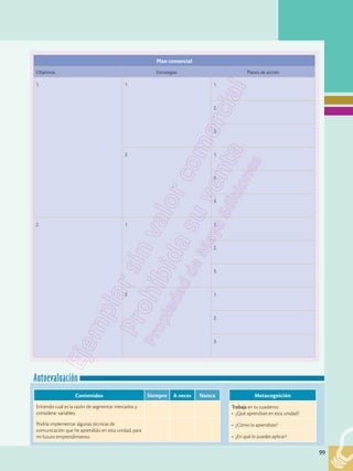 99
99
Autoevaluación
Metacognición
Trabaja en tu cuaderno:
• ¿Qué aprendiste en esta unidad?
• ¿Cómo lo aprendiste?
• ¿En qué lo puedes aplicar?
Contenidos Siempre A veces Nunca
Entiendo cuál es la razón de segmentar mercados y
considerar variables.
Podría implementar algunas técnicas de
comunicación que he aprendido en esta unidad, para
mi futuro emprendimiento.
Plan comercial
Objetivos Estrategias Planes de acción
1. 1. 1.
2.
3.
2. 1.
2.
3.
2. 1. 1.
2.
3.
2. 1.
2.
3.
 