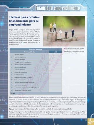 129
Financia tu emprendimiento
Según el libro Guía para crear una empresa sin
dinero, del autor ecuatoriano Wilson Mariño
Tamayo, existen 15 formas de financiar un nue-
vo emprendimiento, sintetizadas a partir de las
entrevistas aplicadas a 80 empresarios ecuatoria-
nos. El emprendedor puede utilizar el siguiente
cuadro con el fin de analizar alternativas para su
financiamiento.
Este cuadro se llena de manera sencilla. Se anota el monto de la inversión inicial requerida que consta en el proyecto de
inversión. En cuanto al valor, se anota el monto tentativo de aquellas técnicas que representan ingreso de dinero para la
empresa como los recursos propios, de amigos y familiares, inversionistas, socios o de ingreso de bienes, tales como canje
de conocimientos o publicidad. En el caso de ahorro de costos o de liquidez, tales como la alianza con otras empresas y
crédito de proveedores, se indica el monto del ahorro en la casilla respectiva.
Ejecuta una mezcla de las 15 técnicas; realiza un análisis detallado de cada una de ellas y utilízalas.
Luego, suma ingresos y ahorros. Esta sumatoria debe ser igual al monto requerido de la inversión. Si lo consigues, ¡felici-
taciones! Tus problemas de financiamiento han terminado. El siguiente paso es esforzarse por conseguirlo. De aquí en
adelante, todo depende de tu perseverancia.
Técnicas para encontrar
financiamiento para tu
emprendimiento
Muchas son las fuentes desde las cuales
un emprendimiento puede obtener su
financiamiento. El secreto está en actuar de
manera ordenada, estratégica y honesta.
Shutterstock,
(2018).
774971629
Inversión requerida
Técnica utilizada US $
1 Recursos propios
2 Recursos de parientes
3 Recursos de amigos
4 Venta de activos improductivos
5 Venta y canje de conocimientos
6 Canje con publicidad
7 Anticipo de clientes
8 Crédito de proveedores
9 Sistema multinivel
10 Alianzas con empresas formadas
11 Sociedad en acciones
12 Recursos de inversionistas temporales
13 Recursos comunitarios
14 Fundaciones y organizaciones sin fines de lucro
15 Beneficios de tarjetas de crédito
TOTAL
129
 