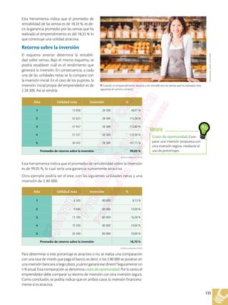135
Esta herramienta indica que el promedio de
rentabilidad de las ventas es de 18,33 %, es de-
cir, la ganancia promedio por las ventas que ha
realizado el emprendimiento es del 18,33 % lo
que constituye una utilidad atractiva.
Retorno sobre la inversión
El esquema anterior determina la rentabili-
dad sobre ventas. Bajo el mismo esquema, se
podría establecer cuál es el rendimiento que
generará la inversión. En consecuencia, a cada
una de las utilidades netas se la compara con
la inversión inicial. En el caso de los pupitres, la
inversión inicial propia del emprendedor es de
$ 28 300. Así se tendría:
Esta herramienta indica que el promedio de rentabilidad sobre la inversión
es de 99,05 %, lo cual sería una ganancia sumamente atractiva.
Otro ejemplo podría ser el este, con las siguientes utilidades netas y una
inversión de $ 80 000:
Para determinar si este porcentaje es atractivo o no, se realiza una comparación
con una tasa de interés que paga el banco, es decir, si los $ 80 000 se pusieran en
una inversión bancaria a largo plazo, ¿cuánto ganaría ese dinero? Seguramente un
5 % anual. Esta comparación se denomina costo de oportunidad. Por lo tanto, el
emprendedor debe comparar su retorno de inversión con otra inversión segura.
Como conclusión, se podría indicar que en ambos casos la inversión financiera-
mente sí es atractiva.
Costo de oportunidad. Com-
parar una inversión propuesta con
otra inversión segura, mediante el
uso de porcentajes.
Glosario
Shutterstock,
(2018).
447252268
Cuando un emprendimiento alcanza a ser rentable por las ventas que ha realizado, está
siguiendo el camino correcto.
Archivo editorial, (2018)
Año Utilidad neta Inversión %
1 13 858 28 300 48,97 %
2 32 623 28 300 115,28 %
3 31 947 28 300 112,89 %
4 31 237 28 300 110,38 %
5 30 492 28 300 107,75 %
Promedio de retorno sobre la inversión 99,05 %
Año Utilidad neta Inversión %
1 6 500 80 000 8,13 %
2 9 600 80 000 12,00 %
3 13 100 80 000 16,38 %
4 19 200 80 000 24,00 %
5 26 400 80 000 33,00 %
Promedio de retorno sobre la inversión 18,70 %
Archivo editorial, (2018)
 