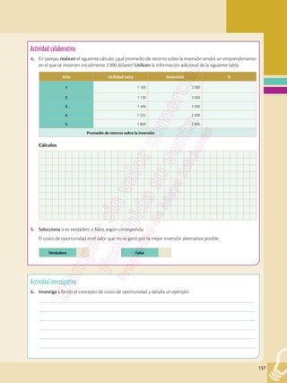 137
Actividad investigativa
6.	 Investiga a fondo el concepto de costo de oportunidad y detalla un ejemplo.
	––––––––––––––––––––––––––––––––––––––––––––––––––––––––––––––––––––––––––––––––––––––––––––––––
	––––––––––––––––––––––––––––––––––––––––––––––––––––––––––––––––––––––––––––––––––––––––––––––––
	––––––––––––––––––––––––––––––––––––––––––––––––––––––––––––––––––––––––––––––––––––––––––––––––
	––––––––––––––––––––––––––––––––––––––––––––––––––––––––––––––––––––––––––––––––––––––––––––––––
	––––––––––––––––––––––––––––––––––––––––––––––––––––––––––––––––––––––––––––––––––––––––––––––––
	––––––––––––––––––––––––––––––––––––––––––––––––––––––––––––––––––––––––––––––––––––––––––––––––
Actividad colaborativa
4.	 En parejas, realicen el siguiente cálculo: ¿qué promedio de retorno sobre la inversión tendrá un emprendimiento
en el que se invierten inicialmente 2 000 dólares? Utilicen la información adicional de la siguiente tabla:
Cálculos
5.	 Selecciona si es verdadero o falso, según corresponda.
El costo de oportunidad es el valor que no se ganó por la mejor inversión alternativa posible.
Año Utilidad neta Inversión %
1 1 100 2 000
2 1 130 2 000
3 1 400 2 000
4 1 525 2 000
5 1 800 2 000
Promedio de retorno sobre la inversión
Verdadero Falso
 