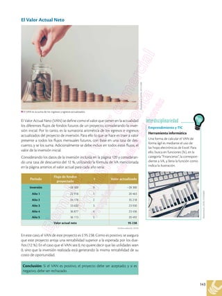 143
El Valor Actual Neto
El Valor Actual Neto (VAN) se define como el valor que tienen en la actualidad
los diferentes flujos de fondos futuros de un proyecto, considerando la inver-
sión inicial. Por lo tanto, es la sumatoria aritmética de los egresos e ingresos
actualizados del proyecto de inversión. Para ello lo que se hace es traer a valor
presente a todos los flujos mensuales futuros, con base en una tasa de des-
cuento, y se los suma. Adicionalmente se debe incluir en todos estos flujos, el
valor de la inversión inicial.
Considerando los datos de la inversión incluida en la página 120 y consideran-
do una tasa de descuento del 12 %, utilizando la fórmula de VA mencionada
en la página anterior, el valor actual para cada año sería:
En este caso, el VAN de este proyecto es $ 95 238. Como es positivo, se asegura
que este proyecto arroja una rentabilidad superior a la esperada por los due-
ños (12 %). En el caso que el VAN sea 0, no quiere decir que las utilidades sean
0, sino que la inversión realizada está generando la misma rentabilidad de su
costo de oportunidad.
Conclusión: Si el VAN es positivo, el proyecto debe ser aceptado; y si es
negativo, debe ser rechazado.
Shutterstock,
(2018).
597213389
El VAN es la suma de los ingresos y egresos actualizados.
Archivo editorial, (2018)
Período
Flujo de fondos
proyectado
t Valor actualizado
Inversión –28 300 0 –28 300
Año 1 22 918 1 20 463
Año 2 44 178 2 35 218
Año 3 33 620 3 23 930
Año 4 36 877 4 23 436
Año 5 36 113 5 20 492
Valor actual neto 95 238
Emprendimiento y TIC
Herramienta informática
Una forma de calcular el VAN de
forma ágil es mediante el uso de
las hojas electrónicas de Excel. Para
ello, busca en funciones (fx), en la
categoría “Financieras”, la correspon-
diente a VA, y llena la función como
indica la ilustración.
Interdisciplinariedad
Shutterstock,
(2018).
673264669
 