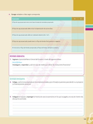 145
Actividad investigativa
8.	 Indaga: ¿cuál es la tasa esperada por las empresas privadas y por el Estado ecuatoriano para decidir si un proyecto
es financieramente atractivo?
	––––––––––––––––––––––––––––––––––––––––––––––––––––––––––––––––––––––––––––––––––––––––––––––––
	––––––––––––––––––––––––––––––––––––––––––––––––––––––––––––––––––––––––––––––––––––––––––––––––
	––––––––––––––––––––––––––––––––––––––––––––––––––––––––––––––––––––––––––––––––––––––––––––––––
9.	 Indaguen en equipo y expongan la historia de casos ecuatorianos en los que se pagaba una tasa de interés más
alta que la autorizada.
	––––––––––––––––––––––––––––––––––––––––––––––––––––––––––––––––––––––––––––––––––––––––––––––––
	––––––––––––––––––––––––––––––––––––––––––––––––––––––––––––––––––––––––––––––––––––––––––––––––
	––––––––––––––––––––––––––––––––––––––––––––––––––––––––––––––––––––––––––––––––––––––––––––––––
	––––––––––––––––––––––––––––––––––––––––––––––––––––––––––––––––––––––––––––––––––––––––––––––––
	––––––––––––––––––––––––––––––––––––––––––––––––––––––––––––––––––––––––––––––––––––––––––––––––
6.	 Escoge verdadero o falso según corresponda.
	
Enunciado V F
El flujo de caja proyectado tiene como base el estado de resultados proyectado.
––––––––––––––––––––––––––––––––––––––––––––––––––––––––––––––––––––––––––––––––
El flujo de caja proyectado debe incluir la depreciación de activos fijos.
––––––––––––––––––––––––––––––––––––––––––––––––––––––––––––––––––––––––––––––––
El flujo de caja proyectado debe ser realizado desde el año 1 al 5.
––––––––––––––––––––––––––––––––––––––––––––––––––––––––––––––––––––––––––––––––
El flujo de caja proyectado puede tener un flujo de fondos final, positivo o negativo.
––––––––––––––––––––––––––––––––––––––––––––––––––––––––––––––––––––––––––––––––
Al inicio de un flujo de fondos proyectado, el flujo de fondos siempre es positivo.
––––––––––––––––––––––––––––––––––––––––––––––––––––––––––––––––––––––––––––––––
Actividad colaborativa
7.	 Ingresen al portal del Banco Central del Ecuador a través del siguiente enlace:
bit.ly/2Q2Vkwn	
Investiguen y respondan: ¿cuál es la tasa de interés que cobran las instituciones financieras?
	––––––––––––––––––––––––––––––––––––––––––––––––––––––––––––––––––––––––––––––––––––––––––––––––
	––––––––––––––––––––––––––––––––––––––––––––––––––––––––––––––––––––––––––––––––––––––––––––––––
	––––––––––––––––––––––––––––––––––––––––––––––––––––––––––––––––––––––––––––––––––––––––––––––––
 