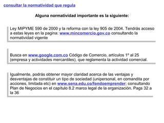 consultar la normatividad que regula Alguna normatividad importante es la siguiente:   Igualmente ,  podrás obtener mayor claridad acerca de las ventajas y desventajas de constituir un tipo de sociedad (unipersonal, en comandita por acciones, limitada etc) en  www.sena.edu.co/fondoemprender ; consultando Plan de Negocios en el capítulo 8.2 marco legal de la organización. Pags 32 a la 36 Busca en  www.google.com.co  Código de Comercio, artículos 1º al 25 (empresa y actividades mercantiles), que reglamenta la actividad comercial. Ley MIPYME 590 de 2000 y la reforma con la ley 905 de 2004. Tendrás acceso a estas leyes en la pagina:  www.mincomercio.gov.co  consultando la normatividad vigente 