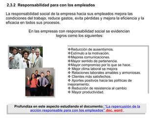 2.3.2  Responsabilidad  para con los empleados   Profundiza en este aspecto estudiando el documento;  “La repercusión de la acción responsable para con los empleados”   doc. word   Reducción de ausentismos. Estímulo a la motivación. Mejores comunicaciones. Mayor sentido de pertenencia. Mayor compromiso por lo que se hace.  Mejor clima laboral se mejora Relaciones laborales amables y armoniosas.  Clientes más satisfechos. Aportes positivos hacia las políticas de mejoramiento.  Reducción de resistencia al cambio Mayor productividad.  La responsabilidad social de la empresa hacia sus empleados mejora las condiciones del trabajo, reduce gastos, evita pérdidas y mejora la eficiencia y la eficacia en todos sus procesos. En las empresas con responsabilidad social se evidencian  logros como los siguientes: 