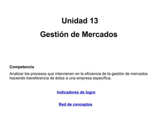 Unidad 13 Gestión de Mercados   Competencia Analizar los procesos que intervienen en la eficiencia de la gestión de mercados haciendo transferencia de éstos a una empresa específica. Indicadores de logro Red de conceptos 