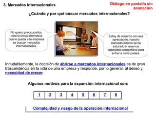 3. Mercados internacionales No quiero preocuparlos, pero la única alternativa que le queda a la empresa es buscar mercados internacionales. Estoy de acuerdo con esa apreciación, nuestro mercado interno se ha saturado y tenemos capacidad competitiva para entrar a otros países. ¿Cuándo y por qué buscar mercados internacionales? Indudablemente, la decisión de  abrirse a mercados internacionales  es de gran trascendencia en la vida de una empresa y responde, por lo general, al deseo y  necesidad de crecer .  Algunos motivos para la expansión internacional son:  Complejidad y riesgo de la operación internacional Diálogo en pantalla sin animación 1 2 3 4 5 6 7 8 