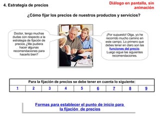 4. Estrategia de precios Formas para establecer el punto de inicio para  la fijación  de precios ¿Cómo fijar los precios de nuestros productos y servicios? Doctor, tengo muchas dudas con respecto a la estrategia de fijación de precios ¿Me pudiera hacer algunas recomendaciones para hacerlo bien? ¡Por supuesto! Olga, yo he recorrido mucho camino en este campo. Lo primero que debes tener en claro son las  funciones del precio . Luego sigue las siguientes recomendaciones. Diálogo en pantalla, sin animación Para la fijación de precios se debe tener en cuenta lo siguiente: 1 2 3 4 5 6 7 8 9 