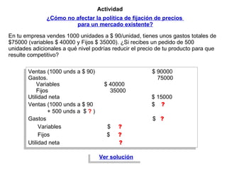 Actividad En tu empresa vendes 1000 unidades a $ 90/unidad, tienes unos gastos totales de $75000 (variables $ 40000 y Fijos $ 35000). ¿Si recibes un pedido de 500 unidades adicionales a qué nivel podrías reducir el precio de tu producto para que resulte competitivo? ¿Cómo no afectar la política de fijación de precios  para un mercado existente? Ventas (1000 unds a $ 90)  $ 90000 Gastos.  75000 Variables  $ 40000 Fijos  35000 Utilidad neta  $ 15000 Ventas  (1000 unds a $ 90  $  ? + 500 unds a  $  ?  ) Gastos  $  ?   Variables  $  ? Fijos  $  ? Utilidad neta ? Ver solución 
