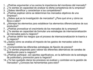 ¿Podrías argumentar a tus socios la importancia del monitoreo del mercado? ¿Te sientes en capacidad de analizar la oferta-competencia de tu empresa? ¿Sabes identificar y caracterizar a tus competidores? ¿Podrías explicar cómo se determinan los mercados objetivos de una empresa?. ¿Sabes qué es la investigación de mercados? ¿Para qué sirve y cómo se lleva a cabo?  ¿Manejas los elementos para establecer los elementos diferenciadores de sus productos? ¿Podrías pronosticar el crecimiento de los mercados de tu empresa? ¿Te sientes en capacidad de formular una estrategias de internacionalización de mercados para tu negocio? ¿Podrías definir los riesgos que el proceso de internacionalización le traería a tu negocio?  ¿Sabes cómo se analiza el impacto de los gastos de mercadeo sobre las ventas? ¿Comprendiste las diferentes estrategias de fijación de precios?  ¿Te sientes preparado para valorar las diferentes alternativas de canales de distribución para tu negocio? ¿Podrías participar, con aportes significativos, en la definición de la estrategia de publicidad y promoción para tu negocio?  ¿Te han quedado claros los procesos se evalúan y controlan en la gestión de mercados? ¿Conoces las herramientas para esto? 
