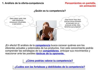 1. Análisis de la oferta-competencia Debo saber quién más está ofreciendo empaques industriales, a qué precio … ¡Que horror! Aquí dice que los chinos entrarán al mercado con un producto similar ¡Nos tenemos que preparar! ¿Quién es tu competencia? ¡En efecto! El análisis de la  competencia  busca conocer quiénes son los oferentes actuales y potenciales de tus productos. Con este conocimiento podrás comprender las estrategias de tus  competidores , anticipar sus movimientos y reaccionar ante las posibles  tácticas de tu oponente.  ¿Cómo podrías valorar tu competencia? ¿Cuáles son las fortalezas y debilidades de la competencia? Pensamientos en pantalla, sin animación 