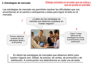 3. Estrategias de mercado Las estrategias de mercado nos permitirán resolver las dificultades que nos encontremos en el camino o anticiparnos a éstas para lograr el éxito en el mercado. ¿Cuáles son las estrategias de mercado que debemos considerar en nuestro negocio? Primero debemos empezar por las estrategias global y la de precios. ¡Claro! Y luego definimos las estrategias de ventas, la promocional y la de distribución. Dialogo animado en el orden que se indica y que se quede en pantalla. 1 2 3 En efecto las estrategias de mercadeo que debemos definir para nuestro negocio son: Global, de precios, de ventas, de promoción y de distribución. A continuación nos detendremos en cada una de éstas.  
