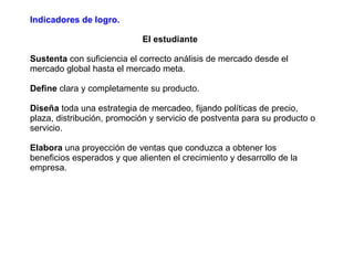 Sustenta  con suficiencia el correcto análisis de mercado desde el mercado global hasta el mercado meta. Define  clara y completamente su producto. Diseña  toda una estrategia de mercadeo, fijando políticas de precio, plaza, distribución, promoción y servicio de postventa para su producto o servicio. Elabora  una proyección de ventas que conduzca a obtener los beneficios esperados y que alienten el crecimiento y desarrollo de la empresa. Indicadores de logro. El estudiante 