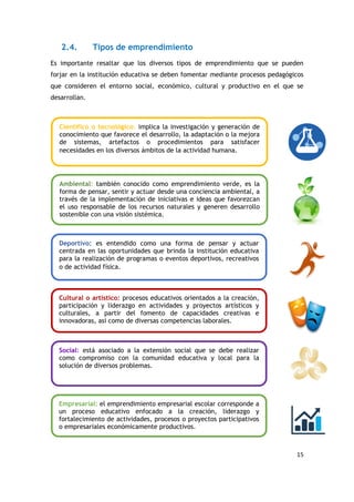 15
2.4. Tipos de emprendimiento
Es importante resaltar que los diversos tipos de emprendimiento que se pueden
forjar en la institución educativa se deben fomentar mediante procesos pedagógicos
que consideren el entorno social, económico, cultural y productivo en el que se
desarrollan.
Científico o tecnológico: implica la investigación y generación de
conocimiento que favorece el desarrollo, la adaptación o la mejora
de sistemas, artefactos o procedimientos para satisfacer
necesidades en los diversos ámbitos de la actividad humana.
Ambiental: también conocido como emprendimiento verde, es la
forma de pensar, sentir y actuar desde una conciencia ambiental, a
través de la implementación de iniciativas e ideas que favorezcan
el uso responsable de los recursos naturales y generen desarrollo
sostenible con una visión sistémica.
Deportivo: es entendido como una forma de pensar y actuar
centrada en las oportunidades que brinda la institución educativa
para la realización de programas o eventos deportivos, recreativos
o de actividad física.
Cultural o artístico: procesos educativos orientados a la creación,
participación y liderazgo en actividades y proyectos artísticos y
culturales, a partir del fomento de capacidades creativas e
innovadoras, así como de diversas competencias laborales.
Social: está asociado a la extensión social que se debe realizar
como compromiso con la comunidad educativa y local para la
solución de diversos problemas.
Empresarial: el emprendimiento empresarial escolar corresponde a
un proceso educativo enfocado a la creación, liderazgo y
fortalecimiento de actividades, procesos o proyectos participativos
o empresariales económicamente productivos.
 
