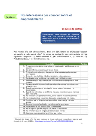 4
Nos interesamos por conocer sobre el
emprendimiento
El punto de partida
Para realizar este test adecuadamente, debes leer con atención los enunciados y asignar
un puntaje a cada uno de ellos1
. La escala de puntuación está representada por las
siguientes categorías: (5) Definitivamente sí, (4) Probablemente sí, (3) Indeciso, (2)
Probablemente no, y (1) Definitivamente no.
Enunciado Puntaje
1. Frecuentemente, pongo en práctica mi creatividad y las ideas que se me
ocurren.
2. Soy persistente para conseguir lo que deseo.
3. Prefiero invertir dinero en algo que me dé grandes ganancias, aunque
sea riesgoso.
4. Encuentro con facilidad más de una solución a los problemas.
5. Puedo solucionar problemas con rapidez, así esté bajo presión.
6. Siempre tengo la seguridad de que todo lo que me propongo hacer será
un éxito.
7. Estoy convencido de que si no lo logro inmediatamente, debo intentarlo
una y otra vez.
8. Cuando pienso en poner un negocio, no me asustan los riesgos y lo
desconocido.
9. Cuando me enfrento a un problema, me gusta encontrar nuevas maneras
para resolverlo.
10. Me considero una persona creativa, sobre todo en situaciones difíciles.
11. No me desaliento si encuentro obstáculos para alcanzar mis metas.
12. Considero que el riesgo es una oportunidad para trabajar con más
ahínco.
13. Conozco bien mis habilidades y sé cómo usarlas a mi favor.
14. Estoy seguro de mis propias ideas y capacidades.
15. Así no logre lo que me propuse, no pierdo la motivación.
16. Me emociono cuando tengo que realizar cosas nuevas.
17. Asumo de manera positiva las críticas que recibo.
1
Adaptado de: Survio (s/f). Test para reconocer si tienes madera de emprendedor. Material web.
Consulta 10 de mayo del 2015. <http://www.survio.com/survey/w/K7J6S4B9D8B2Y8Q5Q>
Comencemos desarrollando el siguiente
test, que nos brindará información y
orientación sobre nuestras características
emprendedoras.
Sesión 1
 