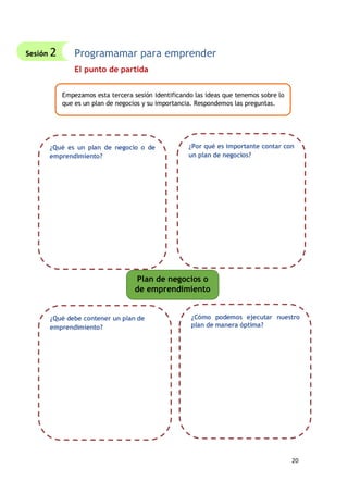 20
Sesión 2
¿Qué es un plan de negocio o de
emprendimiento?
¿Por qué es importante contar con
un plan de negocios?
¿Qué debe contener un plan de
emprendimiento?
¿Cómo podemos ejecutar nuestro
plan de manera óptima?
Plan de negocios o
de emprendimiento
Empezamos esta tercera sesión identificando las ideas que tenemos sobre lo
que es un plan de negocios y su importancia. Respondemos las preguntas.
Programamar para emprender
El punto de partida
 