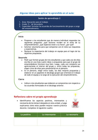 24
Algunas ideas para aplicar lo aprendido en el aula:
Reflexiono sobre mi propio aprendizaje
 Identificamos los aspectos positivos, interesantes y
necesarios de los temas trabajados en esta unidad, y luego
explicamos cómo estos pueden mejorar nuestra práctica
docente. Completar el siguiente cuadro:
Lo positivo Lo interesante Lo necesario
Inicio
 Proponer a los estudiantes que de manera individual respondan las
siguientes preguntas: ¿qué factores inciden en el éxito de su
emprendimiento?, ¿qué aspectos están a su favor?, ¿por qué?
 Solicitar voluntarios para que compartan con el resto sus respuestas
y expectativas.
 Destacar la importancia del trabajo en equipo para el logro de los
objetivos propuestos.
Desarrollo
 Pedir que formen grupos de tres estudiantes y que cada uno de ellos
escriba en una hoja cuatro ideas o propuestas para que el grupo de
emprendedores funcione muy bien. Luego, cada uno comparte sus
apreciaciones al interior del grupo y, entre todas las propuestas,
eligen cinco de ellas para presentarlas en el plenario.
 En el plenario, elegir entre todos, las diez mejores propuestas y
elaborar en un papelote el decálogo grupal que orientará el trabajo
de todo el equipo a lo largo de la ejecución del emprendimiento.
Cierre
 Indicar a los estudiantes que elaboren un compromiso con respecto a
los acuerdos formulados en el decálogo anterior.
Sesión de aprendizaje 2
1. Área: Educación para el trabajo
2. Grado: 5.° de Secundaria
3. Capacidad: formular los acuerdos de funcionamiento del grupo a cargo
del emprendimiento.
 