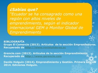¿Sabías que? 
“Ecuador se ha consagrado como una 
región con altos niveles de 
emprendimiento, según el indicador 
internacional GEM o Monitor Global de 
Emprendimiento 
BIBLIOGRAFÍA 
Grupo El Comercio (2013). Artículos de la sección Emprendedores. 
Recuperado de http://www.revistalideres.ec 
Grencie.com (2013). Artículos de la sección Emprendimiento. 
Recuperado de http://www.gerencie.com 
Danilo Holguín (2014). Emprendimiento y Gestión. Primera edición 
2014. Ediciones Holguín. 
