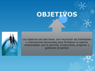 OBJETIVOS
Los objetivos de este tema son reconocer las habilidades
y motivaciones personales para fortalecer el espíritu
emprendedor que le permita, involucrarse, proponer y
gestionar proyectos
 