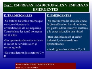 Perú:  EMPRESAS TRADICIONALES Y EMPRESAS EMERGENTES  E. TRADICIONALES Su fortuna ha tenido mucho que ver con el tiempo y la diversificación de sus negocios. Consolidarse les tomó no menos de 50 años Sus oportunidades estuvieron en el sector de servicios o en el sector agrícola No consideraron los sectores C y D E. EMERGENTES Su crecimiento ha sido acelerado, la diversificación ha sido mínima, los gastos administrativos austeros, y la especialización una virtud Han identificado en el sector industrial, el centro de sus oportunidades - Se dirigen a los sectores C y D Curso :  LIDERAZGO EN ORGANIZACIONES Prof.  :  L. F. Jeri – UNALM  